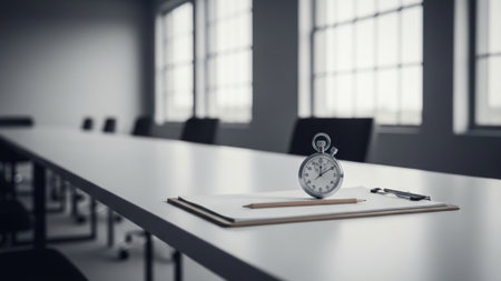An ultrawide, cinematic shot (16:9) capturing a minimalist workspace. A clipboard, silver stopwatch,の素材