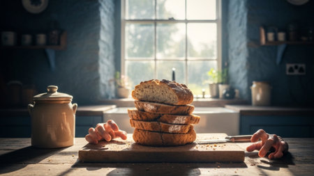 A cinematic environmental wide shot capturing a stack of cooling, freshly sliced soda bread on a wooの素材