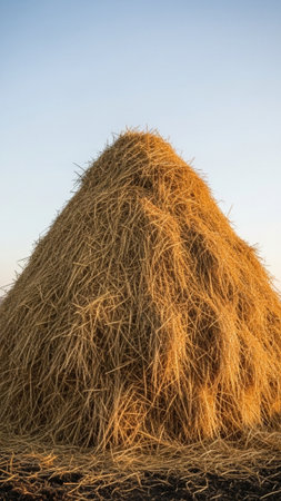 A strikingly tall, central composition showing a massive, sharp mound of dry, harvested golden strawの素材