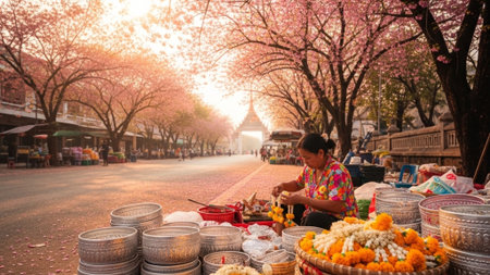 A cinematic, ultrawide environmental photograph (16:9) capturing the unique cultural blend of Cherryの素材