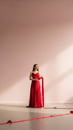 A striking vertical full body portrait for Valentine's Day. A sophisticated young woman in a floor-lの素材