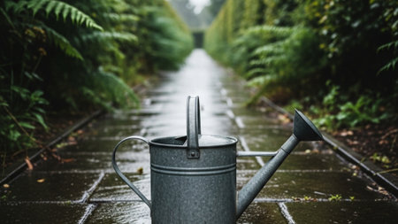 A panoramic 16:9 environmental wide shot showing a solitary, galvanized watering can filled with raiの素材