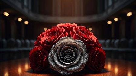 A cinematic ultrawide shot (16:9) of a dark and luxurious interior setting where a single centerpiecの素材