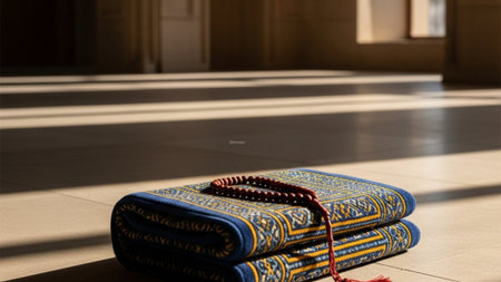 An ultrawide 16:9 cinematic environmental shot of religious artifacts in a large, sunlit interior. Aの素材