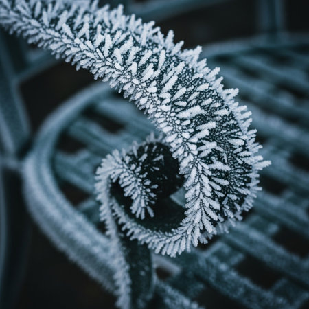 A macro photograph capturing the intense texture of hoarfrost settled densely on the weathered surfaの素材