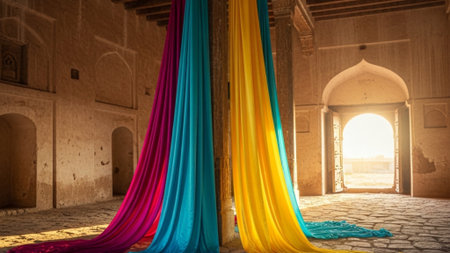 A cinematic ultrawide photograph capturing an abandoned, sun-drenched textile merchant's hall. The vの素材