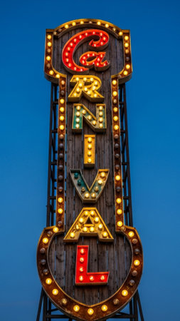 Editorial quality, vertical 9:16 composition focusing on a large, brightly painted vintage sign struの素材