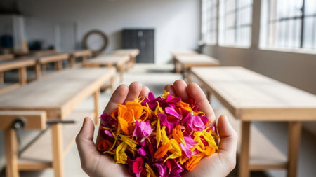 A cinematic wide environmental shot (16:9) capturing a handful of loose, brightly mixed floral petalの素材