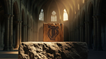 A wide, panoramic 16:9 cinematic shot of an ancient harp symbol carved into dark, textured oak wood.の素材