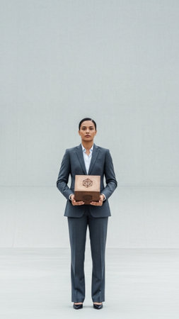 A vertical full-body editorial shot (9:16) capturing a professional woman holding a reflective geomeの素材