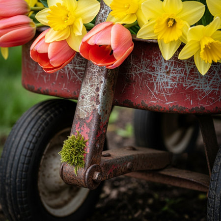 A focused, square-format photograph capturing the textural detail of the front corner of a small, viの素材