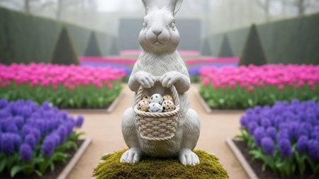 A breathtakingly wide, cinematic 16:9 view of a tranquil spring garden patio. The focal point in theの素材