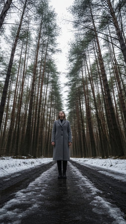 A striking vertical, full-body shot utilizing a wide-angle lens to capture the imposing height of thの素材