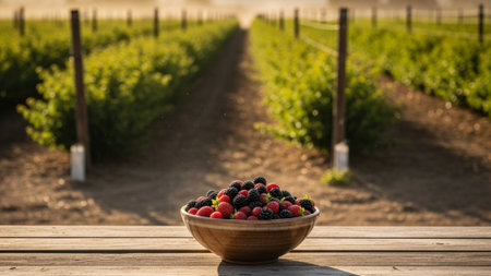 A cinematic environmental wide shot (16:9) capturing a ceramic bowl of freshly harvested organic mixの素材