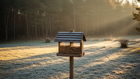 An expansive 16:9 ultrawide photograph showing a single, fully provisioned wooden bird feeder placedの素材