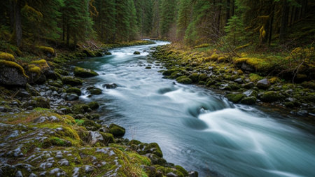 A cinematic wide environmental shot of an ultra-clean, fast-running alpine stream traversing a dark,の素材