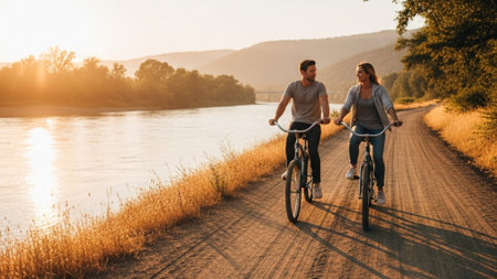 A cinematic environmental wide shot (16:9) capturing a heterosexual couple enjoying a leisurely bicyの素材