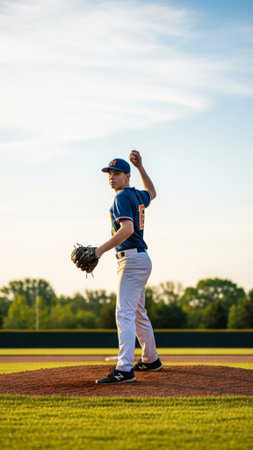 A vertical, full-body cinematic photograph of a high school baseball pitcher on the mound. Capturedの素材