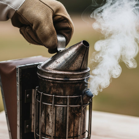 A Hero Detail focused on a beekeeper's gloved hand adjusting the lid of a metal smoker, centered witの素材