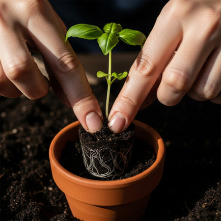 An intimate, square format close-up capturing the precise moment a woman's hand places a basil seedlの素材
