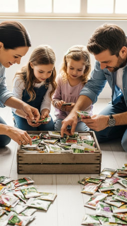 A vertical, full-body stock image showing a mother, father, and young daughter kneeling on a light wの素材