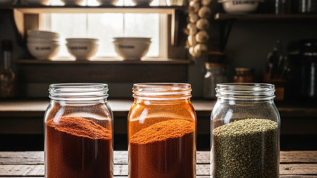 Cinematic wide shot (16:9) capturing glass jars filled with paprika, cayenne, and oregano set on a dの素材