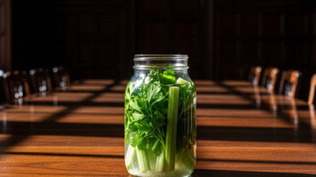 A cinematic, wide-angle 16:9 environmental composition featuring a glass jar containing Karpas (parsの素材