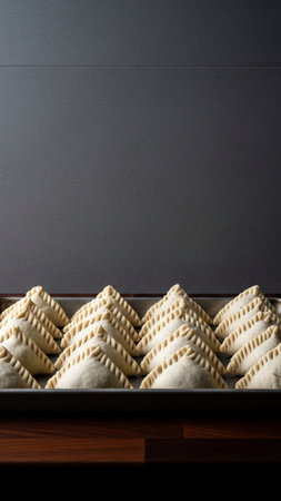 A vertical, high-contrast photograph showcasing a large metal tray of uncooked, perfectly formed potの素材