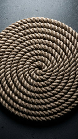 A vertical tall (9:16) image featuring a perfectly coiled, thick manila rope centered on a rugged coの素材