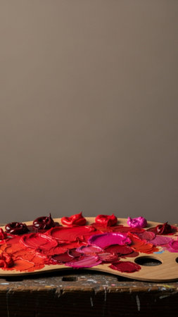 A vertical still life focusing on a small wooden painter's palette smeared heavily with red and mageの素材