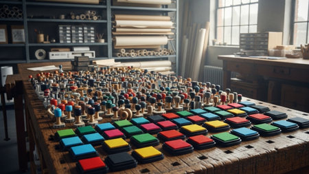 An environmental wide shot capturing the breadth of a creative studio. In the middle ground, a vastの素材