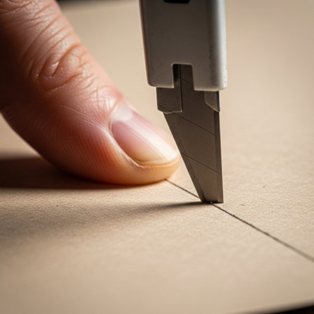 A square, centered, macro photograph focusing intensely on the moment a precision utility knife bladの素材