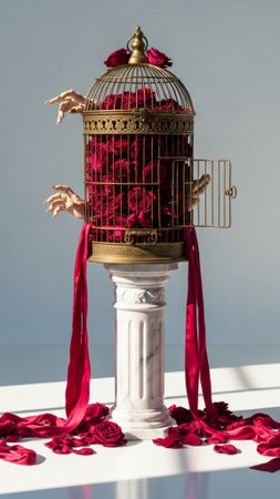 A striking vertical 9:16 composition featuring an antique brass birdcage repurposed as a vessel forの素材