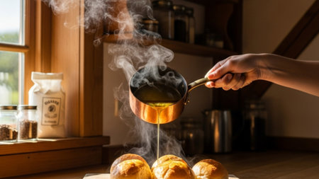 A cinematic environmental wide shot (16:9) capturing the cozy, rustic atmosphere of a farmhouse kitcの素材