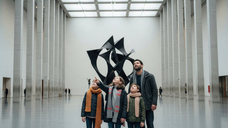 An ultrawide, cinematic 16:9 environmental shot capturing a family of four in the expansive, high-ceの素材