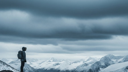 A cinematic environmental wide shot featuring a solitary figure standing on a vast, snow-covered mouの素材
