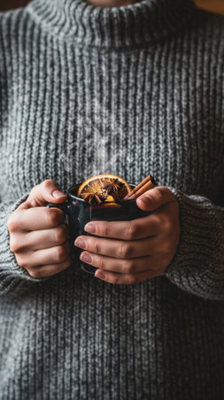 A vertical, tall 9:16 editorial photograph of a person holding a large mug of mulled wine in a cozy,の素材