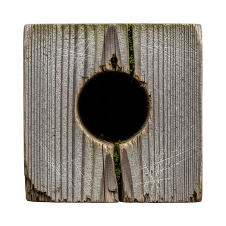 A Hero Detail shot focusing on the weathered entrance hole of a wooden birdhouse. The square composiの素材