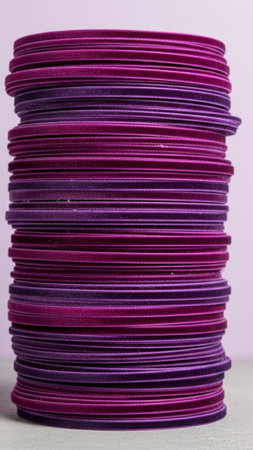 A vertical, tall 9:16 composition focusing on a central stack of high-quality purple velvet ribbonsの素材