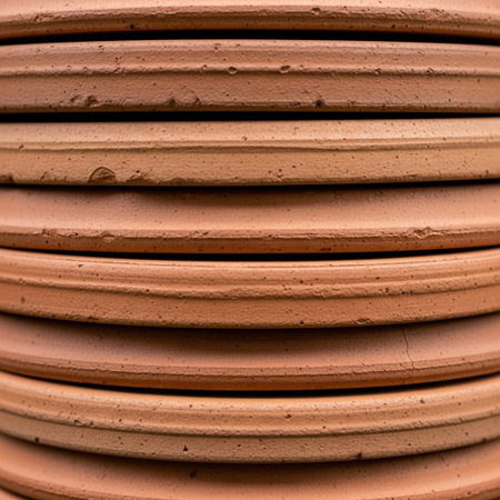 A focused, symmetrical close-up photograph of a stable stack of three rough terracotta drainage platの素材