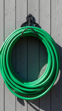 A vertical, tall 9:16 composition showing a bright green garden hose coiled neatly on a metal hook aの素材