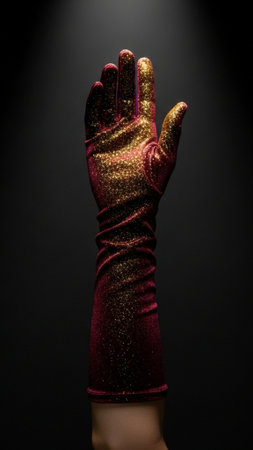 Close-up editorial photograph of a hand wearing a deep crimson velvet opera glove, densely covered iの素材