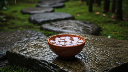 An ultrawide, cinematic capture (16:9) of a single, simple, unglazed ceramic bowl placed on a large,の素材
