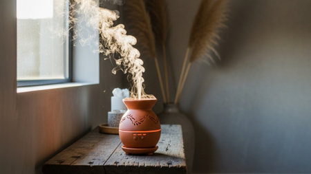 A cinematic environmental wide shot (16:9) capturing a traditional clay diffuser placed on a rusticの素材