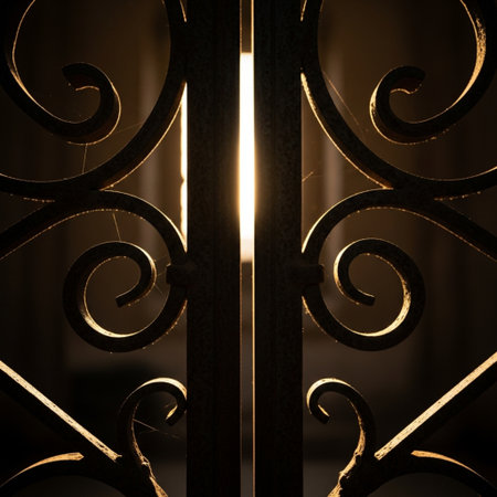 Hero detail shot of an antique wrought iron gate segment. The square composition tightly frames theの素材