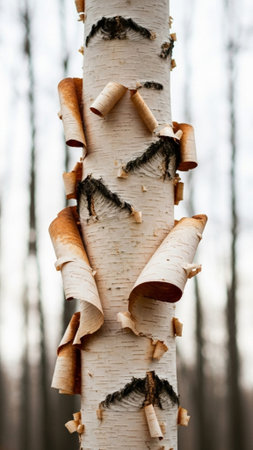 A tall, vertical editorial composition showing the detailed process of a birch tree shedding its papの素材