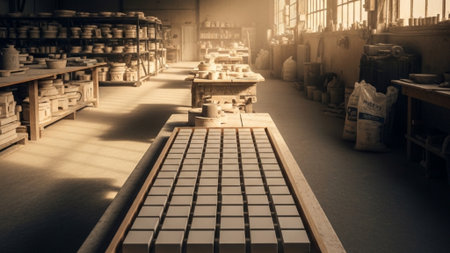 A cinematic wide environmental shot (16:9) of a dusty artisan's workshop. A wooden tray of small, unの素材