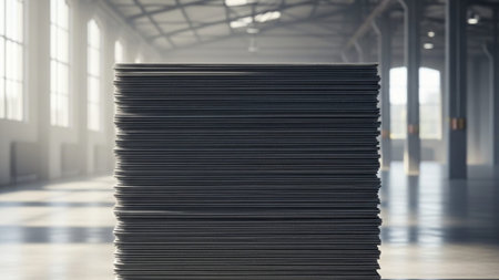 A cinematic, ultra-wide 16:9 environmental shot featuring a tall, precise stack of heavy, textured gの素材