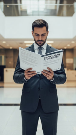 A full body, 9:16 vertical composition capturing a serious, well-dressed man standing in a modern, hの素材