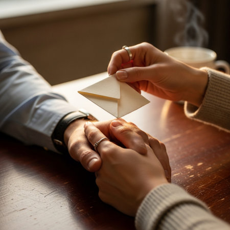 A focused, square-format close-up capturing the precise moment a woman's hand places a folded ivoryの素材
